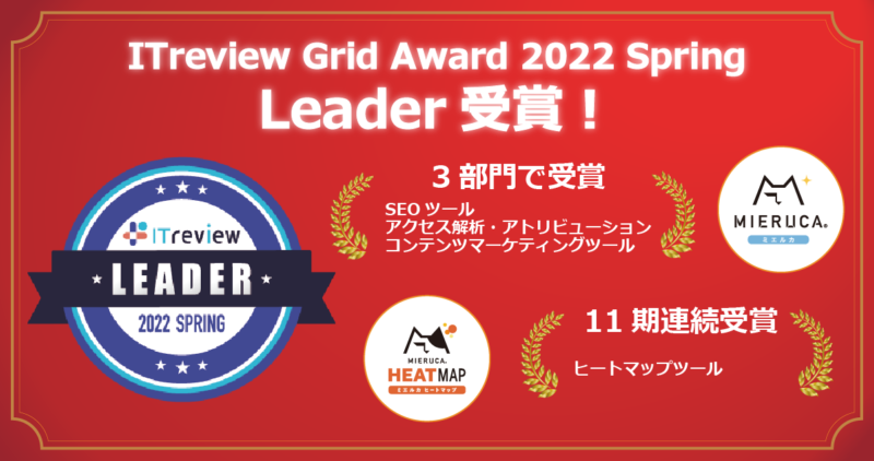 ミエルカ＆ヒートマップ、「ITreview Grid Award 2022 Spring」の4部門で最高賞の「Leader」を受賞！ 〜大企業から中小企業まで高評価をいただき、3部門で11期連続の最高賞〜