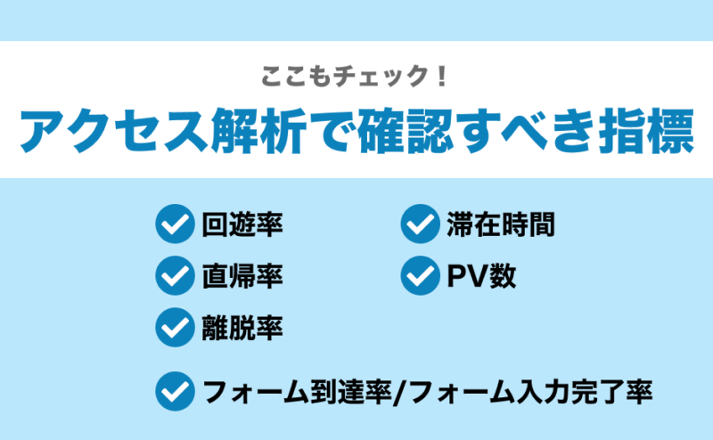 ここもチェック！アクセス解析で確認すべき指標（回遊率・直帰率・離脱率・滞在時間・PV数・フォーム到達率・フォーム入力完了率）