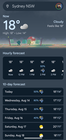 天気アプリの画面シドニーの気温が「18°」天気が曇りと表示されている