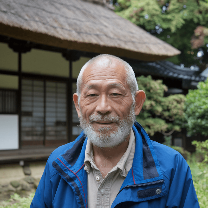 プロンプト指示どおりの、写真のような画像。ただし男性の年齢は60歳から70歳ほどの高齢になっている。