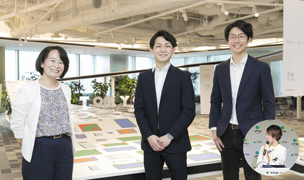 (左から)コクヨ株式会社 ステーショナリー事業本部・奥山由希子さん、株式会社Faber Company ミエルカコネクト事業部・粟倉拓哉、中本俊一、 (円の中)PerCoRe合同会社 山ノ内智也さん